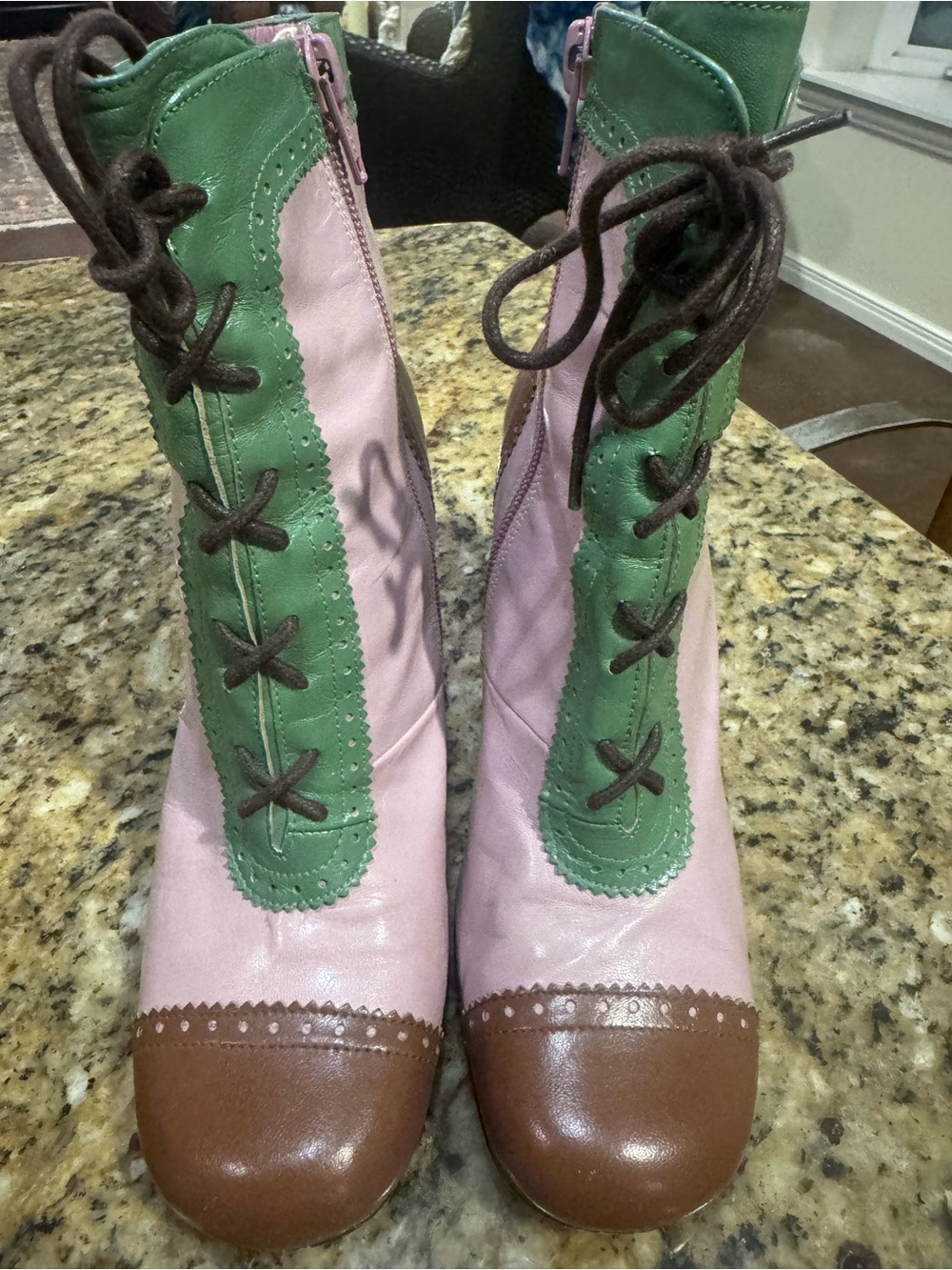 Jeffrey Campbell Pink and Green Lace-Up Ankle Boots with Brown Cap Toe